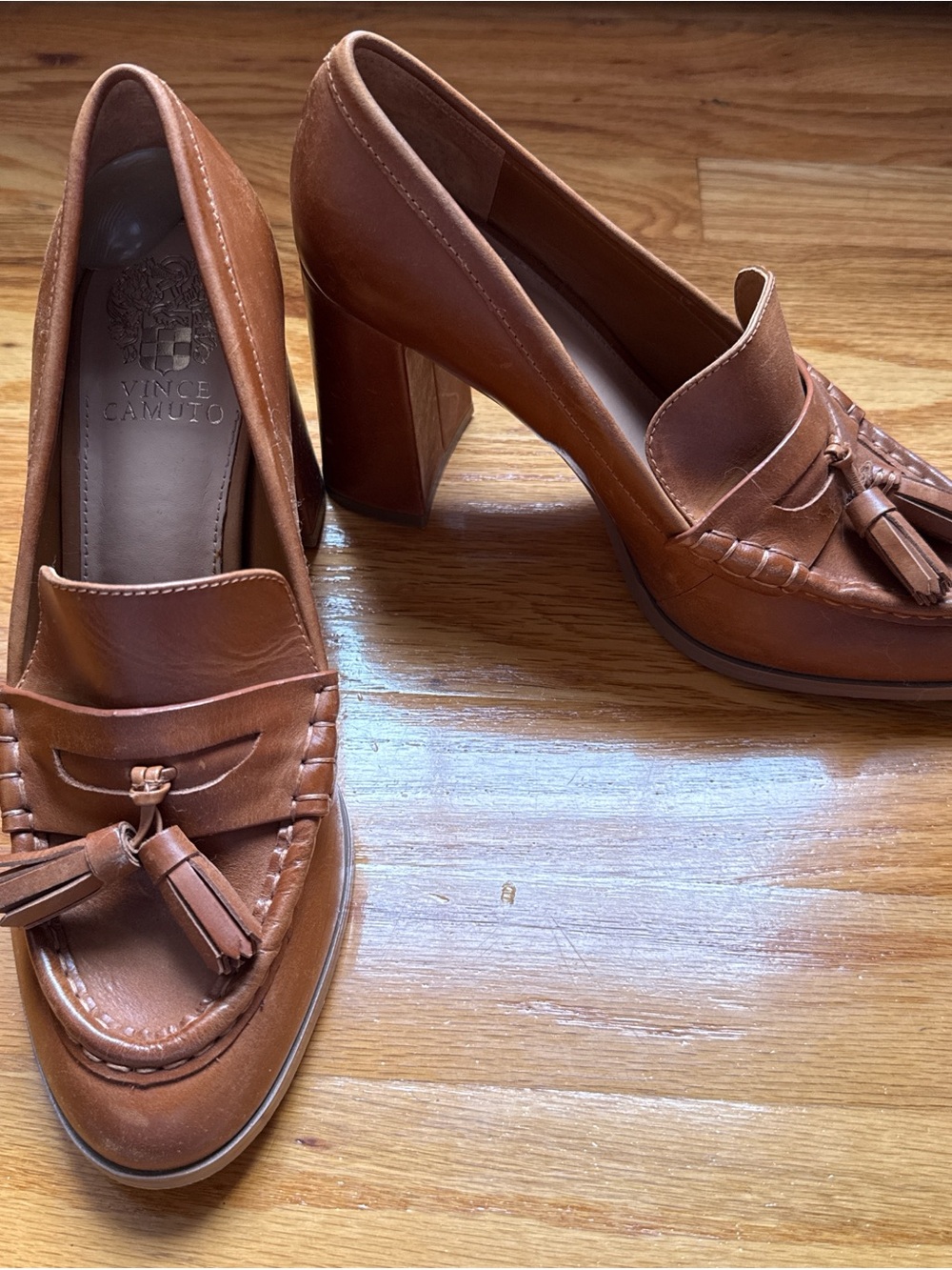 Vince Camuto Cognac Genuine Leather Tassel Block Heel Loafers